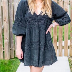 Mustard Seed Gray 100% Cotton Mini Dress V Neck Balloon Sleeve Size Medium Boho